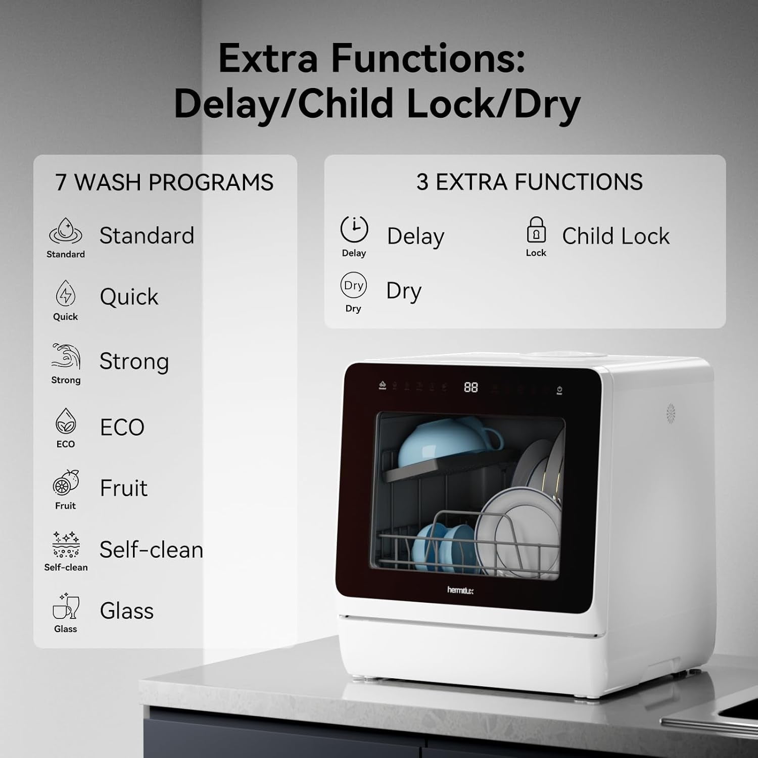 Table Top Dishwasher 7+3 Programmes, Mini Countertop Dishwasher with 5 Place Settings, Delayed Star Function & Child Lock