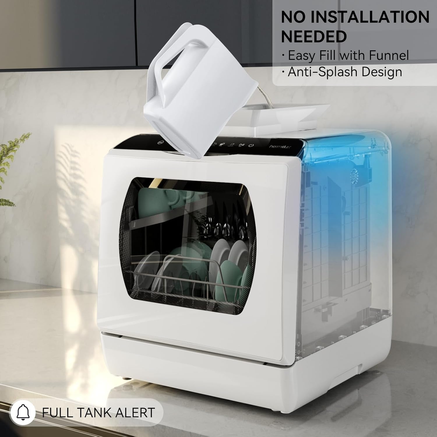 Hermitlux Table Top Dishwasher – Mini Countertop, 4 Place Settings, 6 Programs, Built-In 5L Water Tank, Touch Control