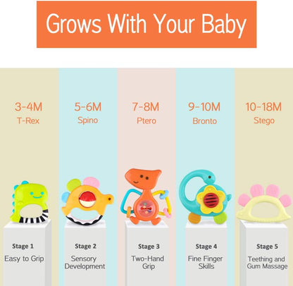 Dinosaur Baby Rattles, Infant Shaker, Newborn Grab N Shake Rattle, Sensory Teether, Development Learning Teeth Toy