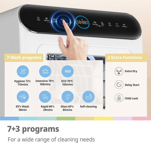 COMFEE’ Mini Plus Table Top Dishwasher – 7+3 Programs, 6L Water Tank, No Plumbing Required