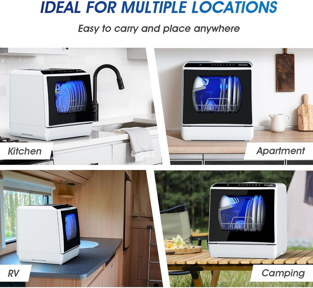 AIRMSEN Mini Table Top Dishwasher – Portable Countertop, 6 Programs, Baby Care Mode, Dual Water Supply