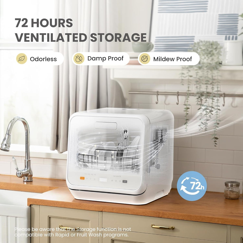 COMFEE’ Mini Table Top Dishwasher – 6+3 Programs, Steam Wash, Baby Care & Fruit Wash, Portable, No Plumbing