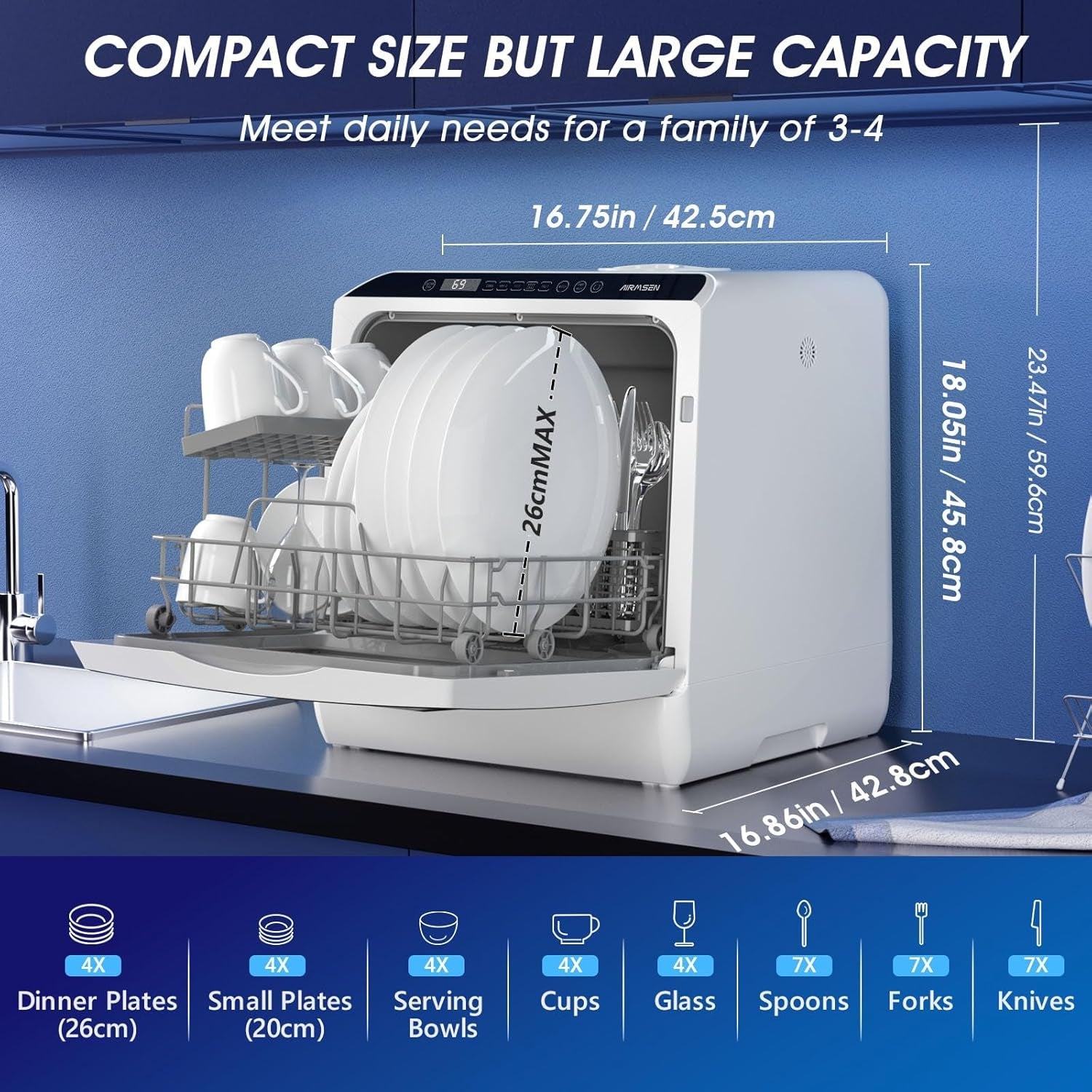 AIRMSEN Mini Table Top Dishwasher – Portable Countertop, 6 Programs, Baby Care Mode, Dual Water Supply