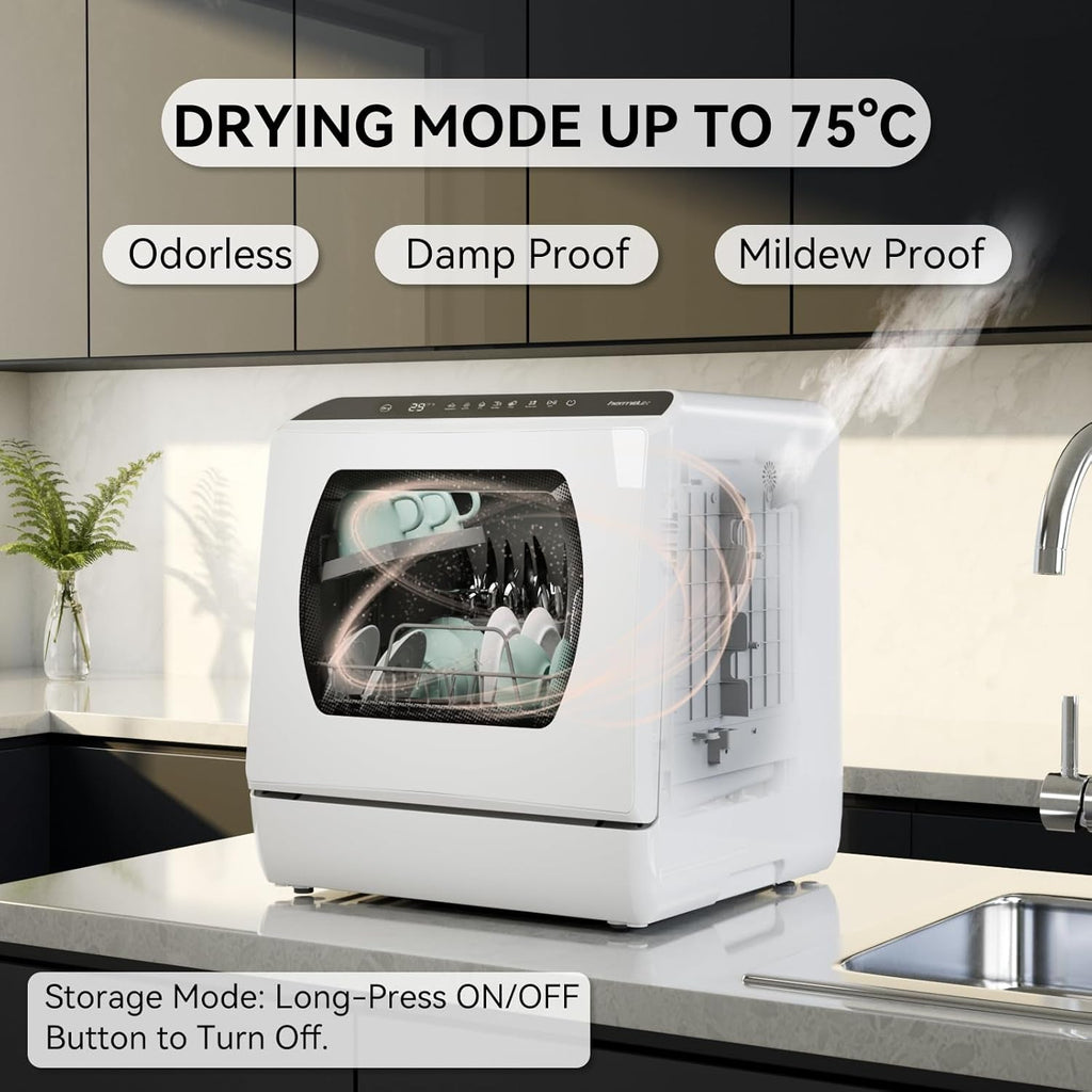 Hermitlux Table Top Dishwasher – Mini Countertop, 4 Place Settings, 6 Programs, Built-In 5L Water Tank, Touch Control